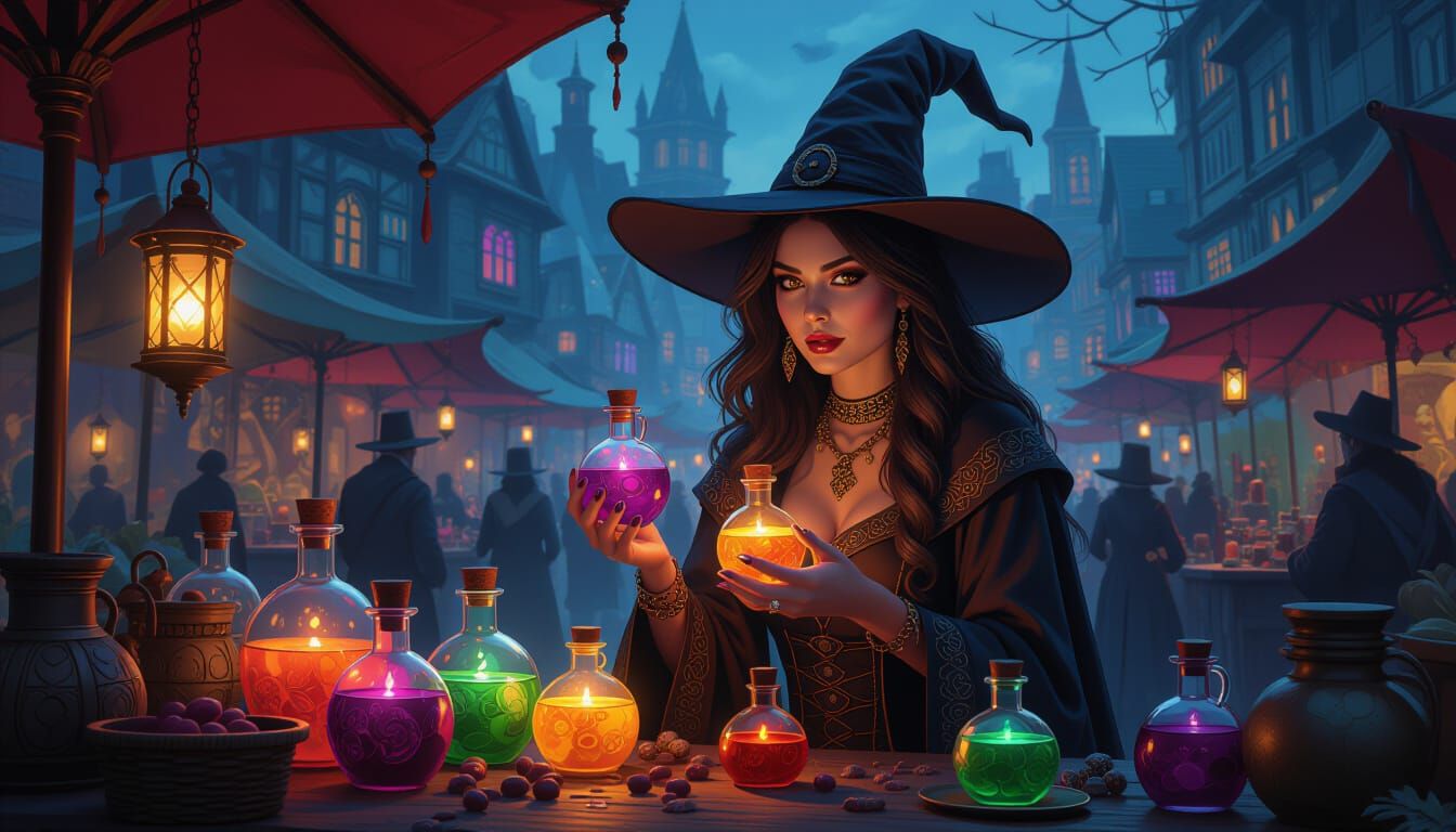 Witch Sells Eerie Potions at Vibrant Festival