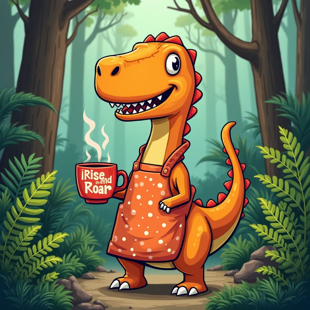 Motivational Cartoon Dinosaur with Coffee Cup in Whimsical P...