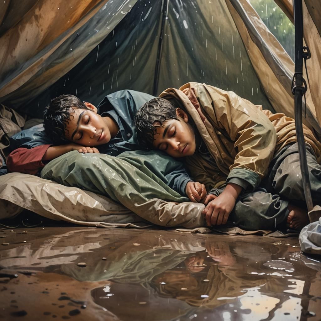 Arab Boys Sleeping in Rainy Tent: Impressionist Painting