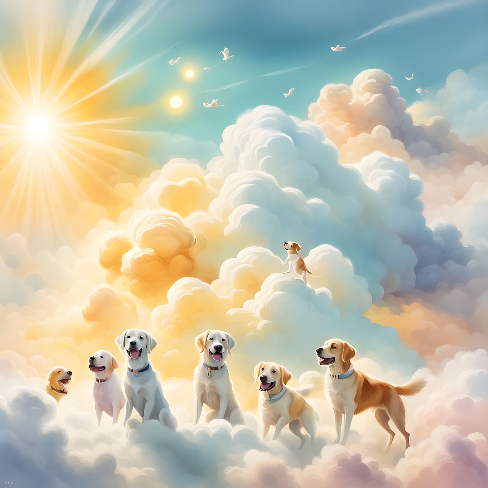 Dogs Playing in Clouds with Pastel Colors