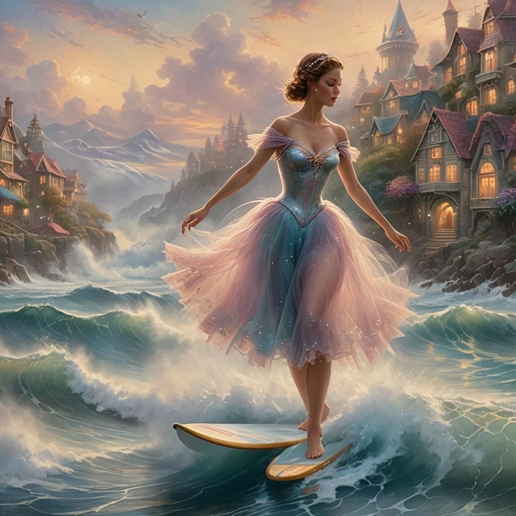 Surreal Ballerina Surfing in Ethereal Mist
