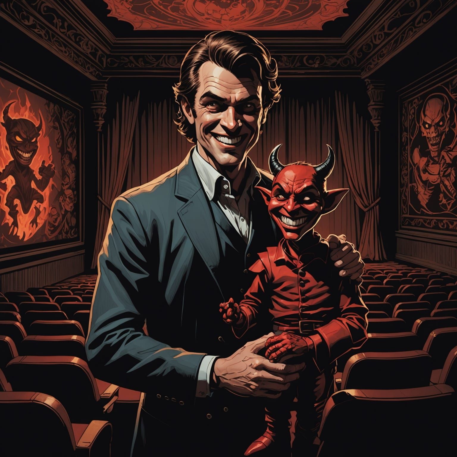 Man with Puppet in Dark Theater, Comic Art
