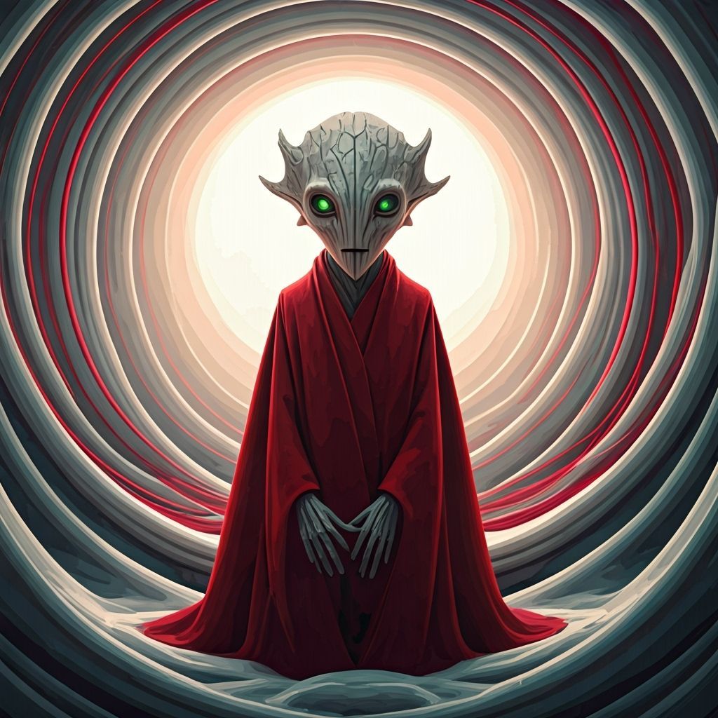 Dream Guardian in Red Robe Amidst Surreal Landscape