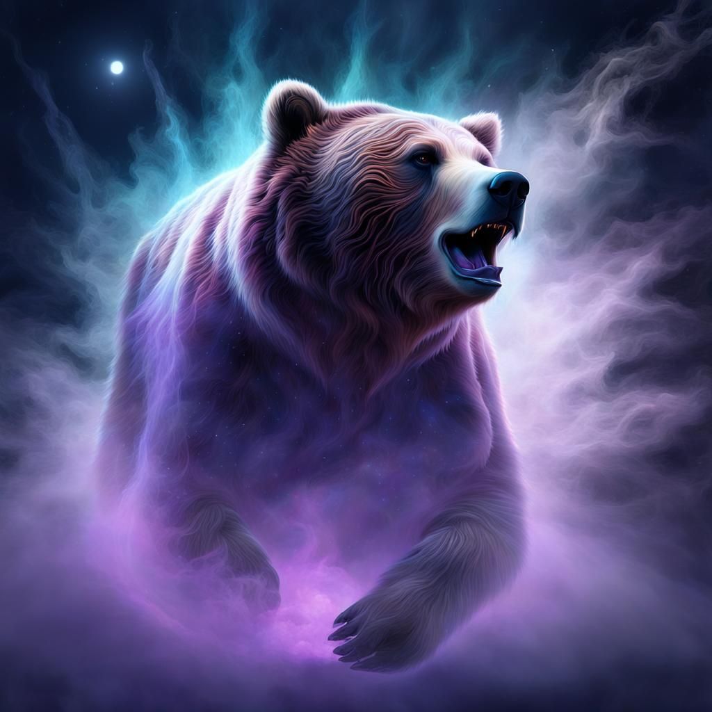 Glowing Grizzly Bear Ghost with Bioluminescent Moon