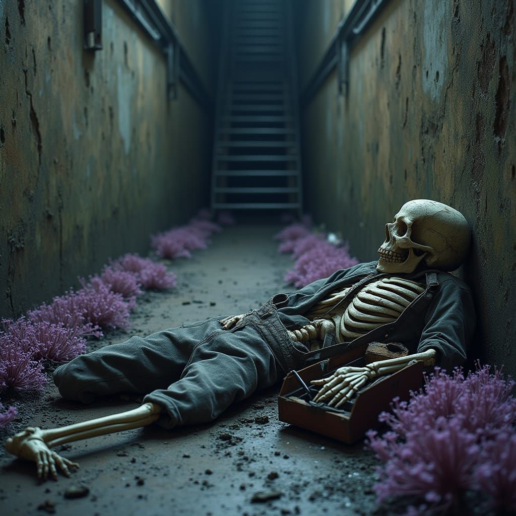 Abandoned Sewer Tunnel with Violet Mushrooms and Corroded Me...