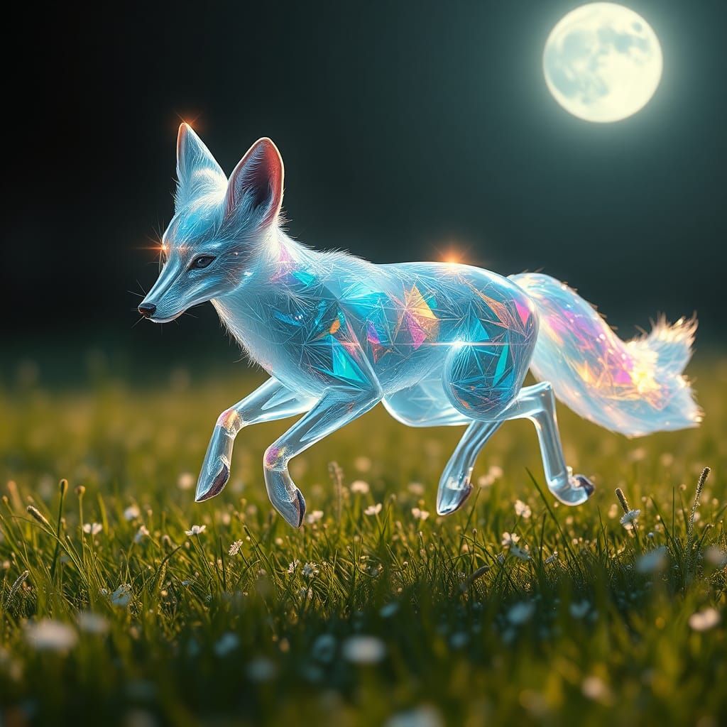 A translucent fox, with a body of shining glass, runs across a field lit only by moonlight. Her movements are graceful a...