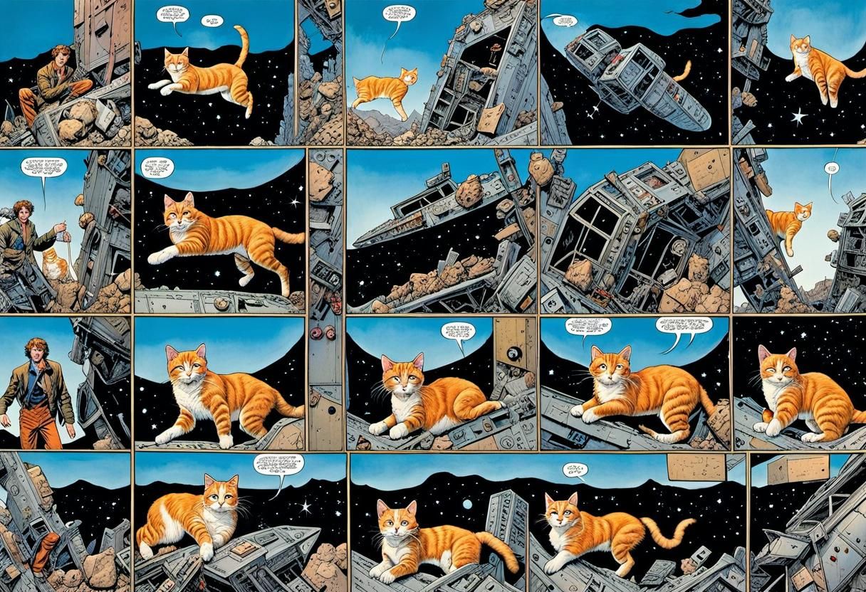 Futuristic Feline Frenzy in Post-Apocalyptic Landscape