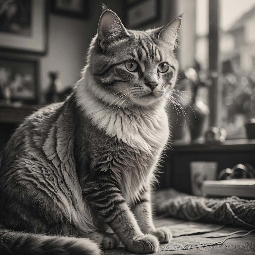 Friendly Cat Portrait in Hyperdetailed Charcoal Style