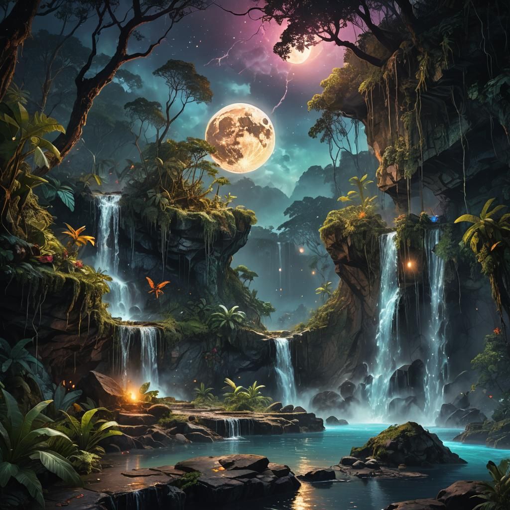 Mystical Jungle Waterfall Scene with a Glowing Moon