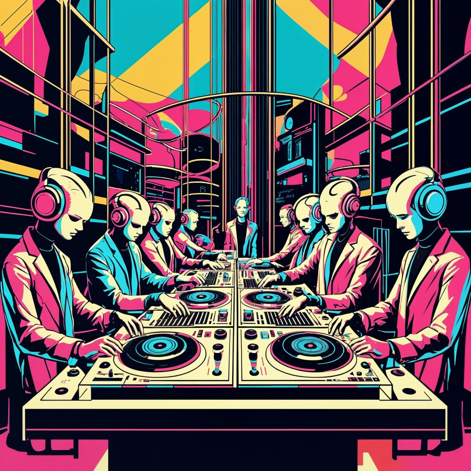 Vibrant Digital Illustration of Musicians in Space
