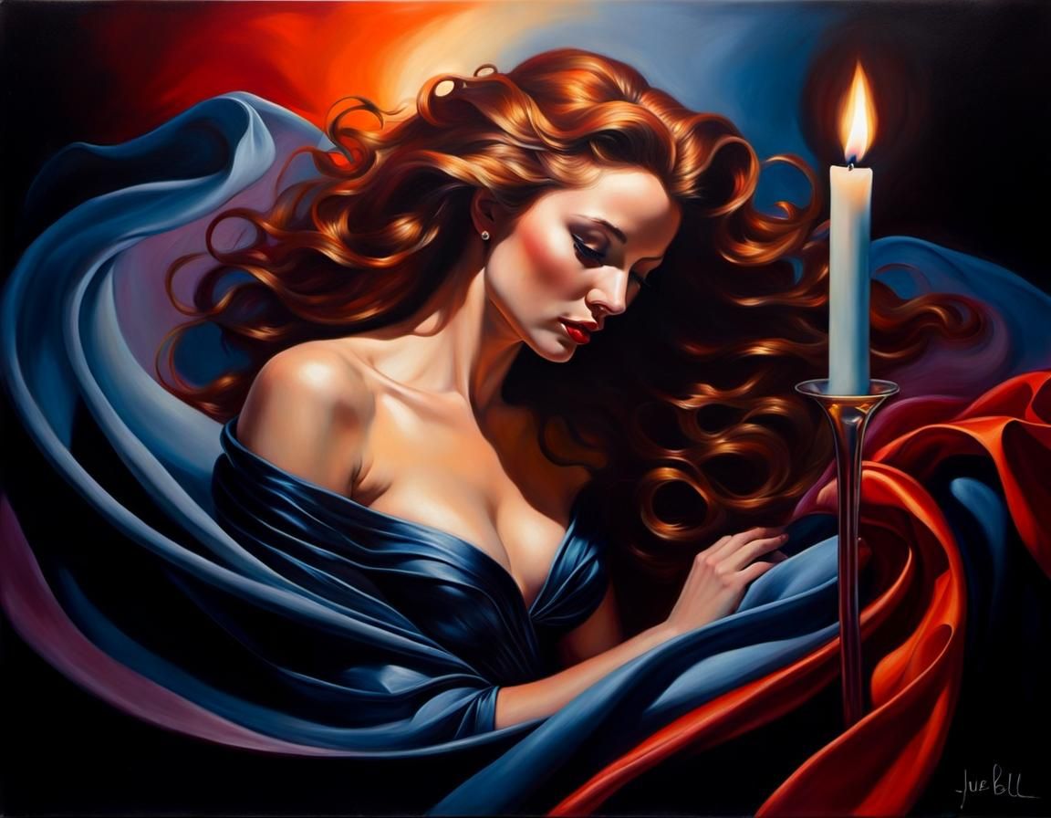 Romantic Candlelit Scene in Hyperrealistic Oil Painting