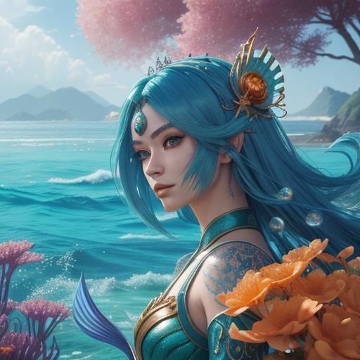 Anime Mermaid with Peacock Tail in 3D