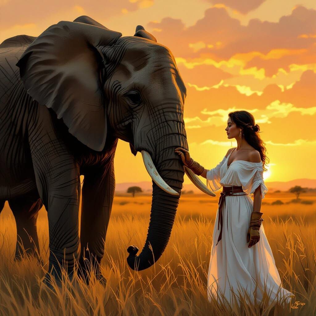 Woman Taming Elephant in Golden Savannah