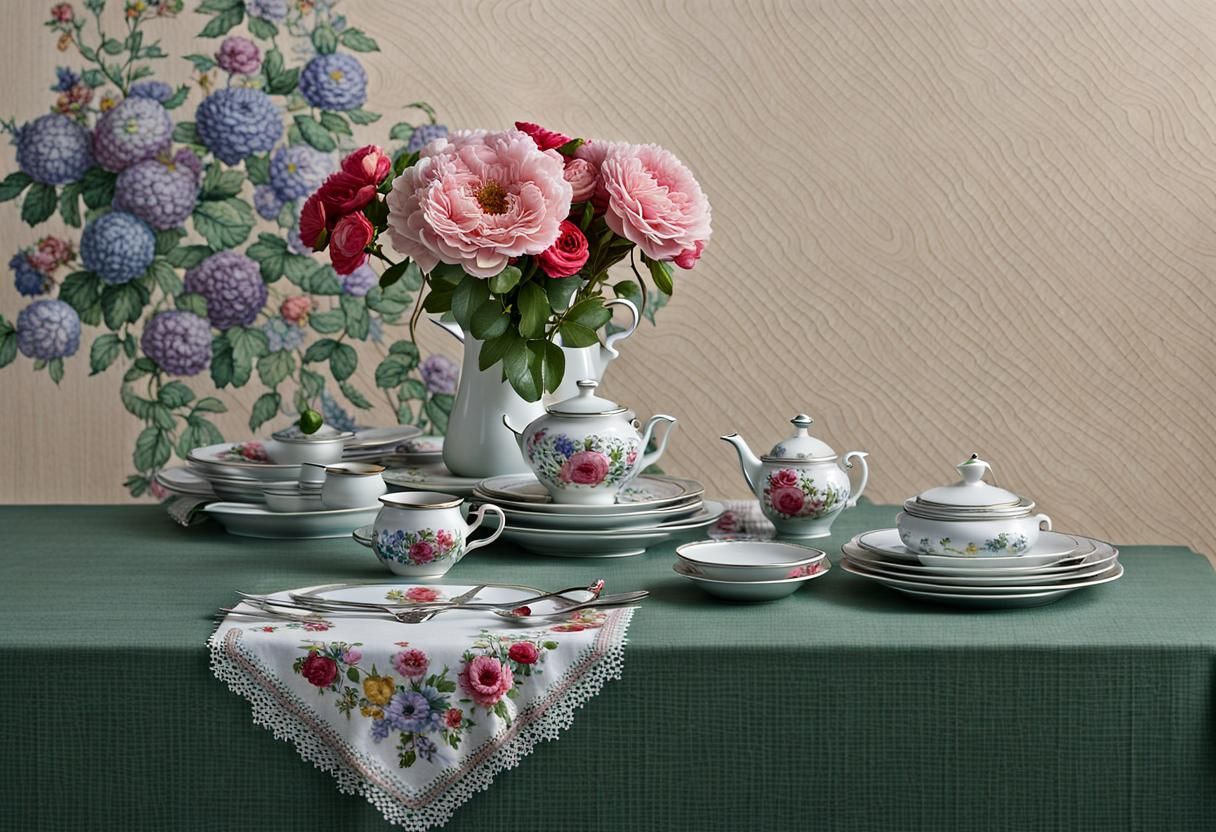 Festive Table Setting with Floral Cross-Stitch in Oil Painti...