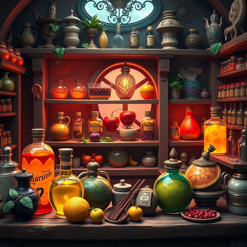 Enchanted Apothecary with Whimsical Fruit Potions in Deep Fa...