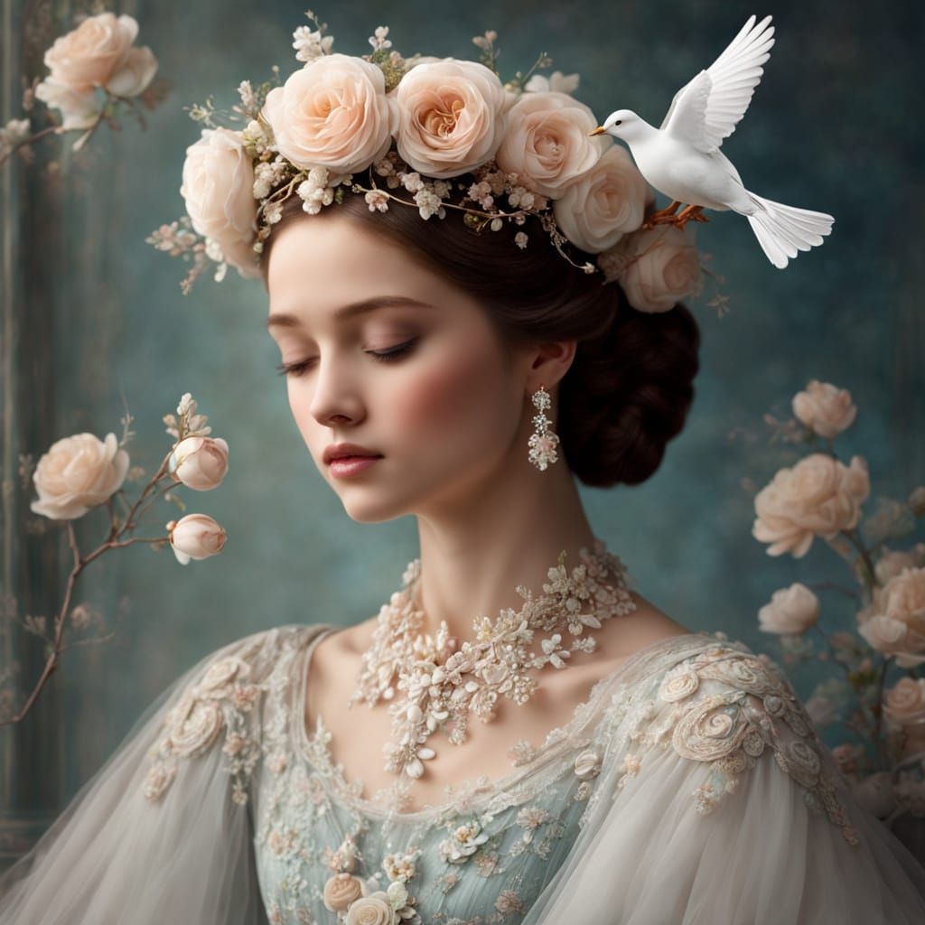 Regal Beauty in Dreamlike Reverie with Lace and Floral Crown...