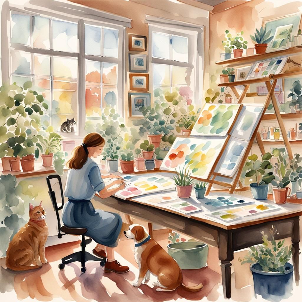 Elegant Watercolor Artist's Sanctuary with Soft Pastel Color...