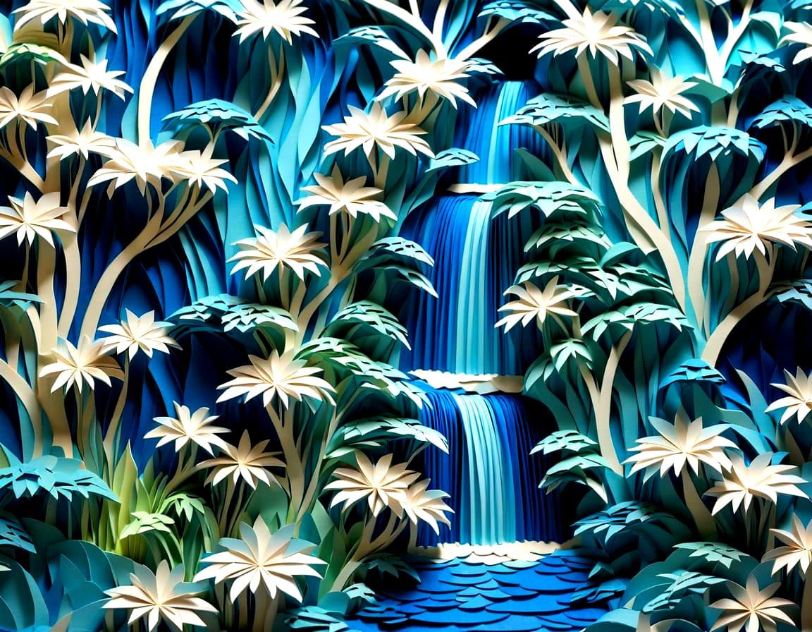 Blue Kirigami Waterfall in Stained Glass Style