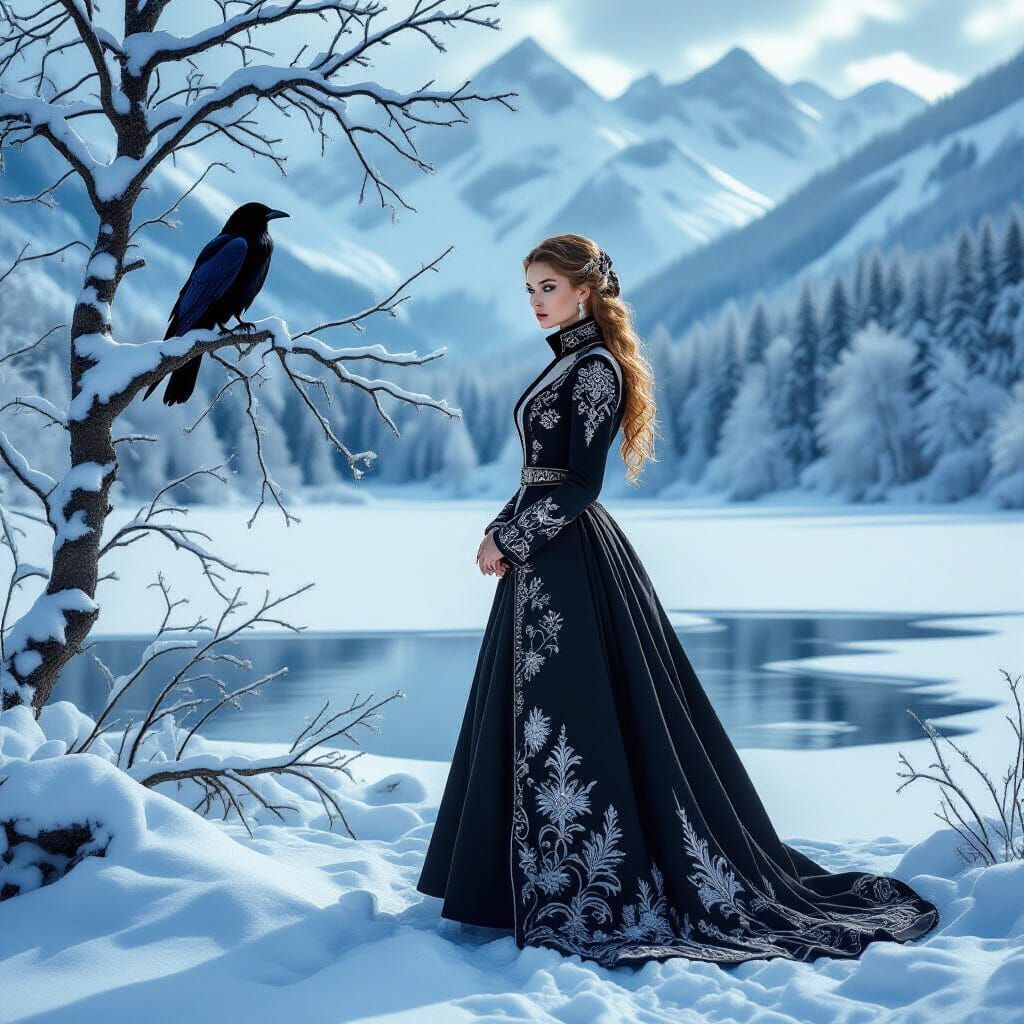 Snowy Woman in Winter Landscape Art