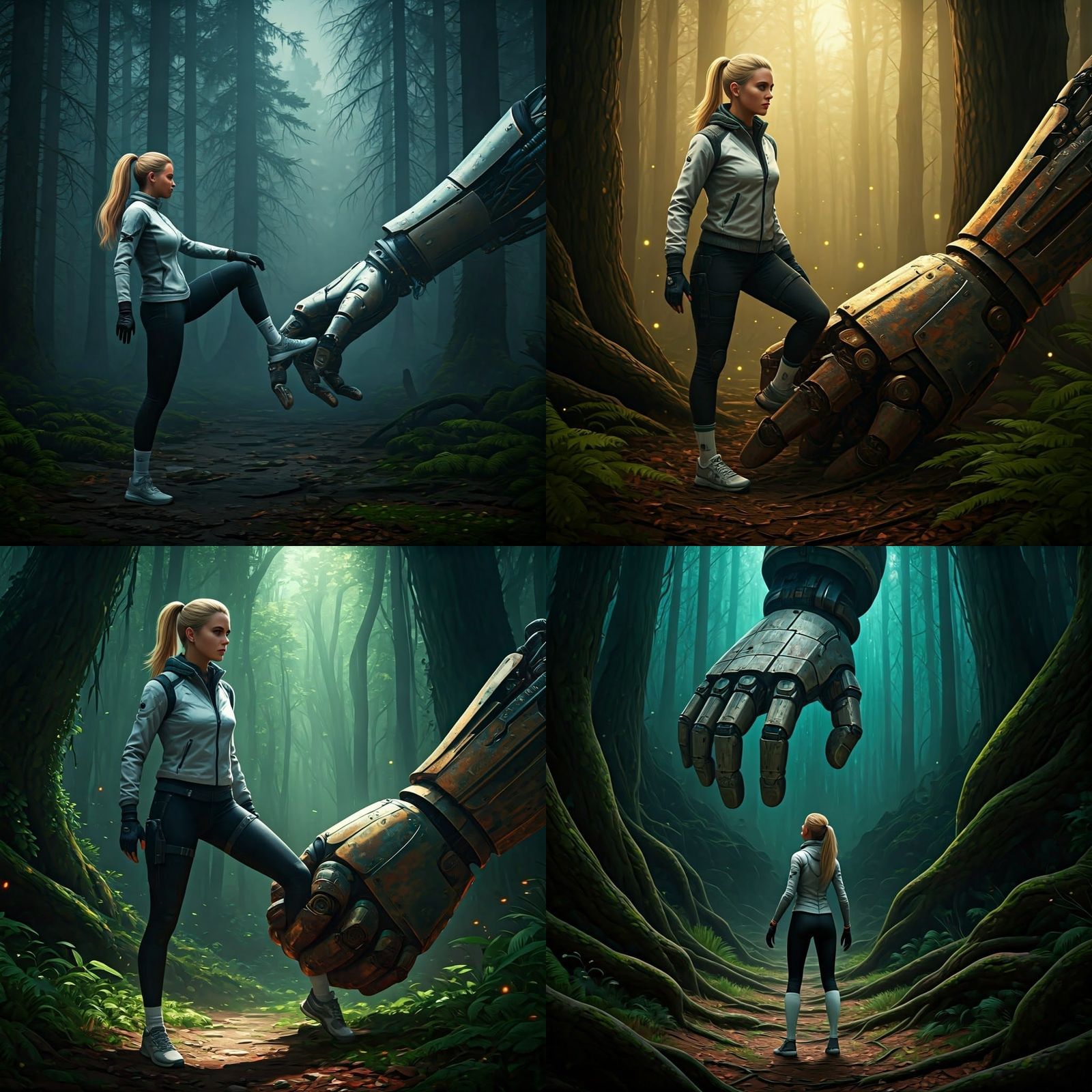 Robot Hand Grabs Woman in Forest, Digital Art