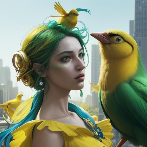City Scene with Doll and Bird in Splash Art Style