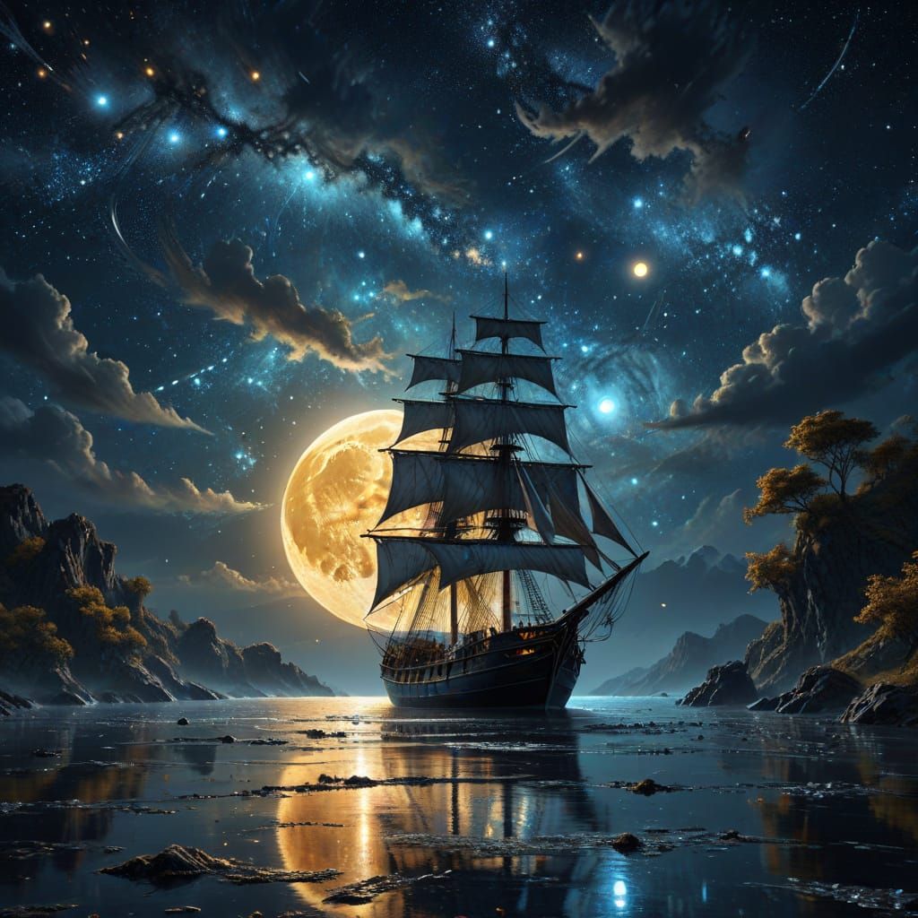 Impressionist Masterpiece: Sailboat Under Golden Neon Moon