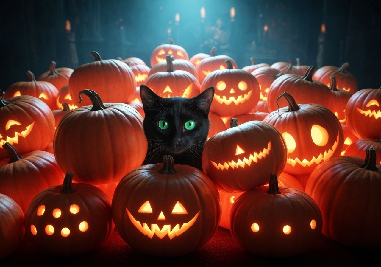 Magical Kitten Peeking from Luminous Pumpkin Pile