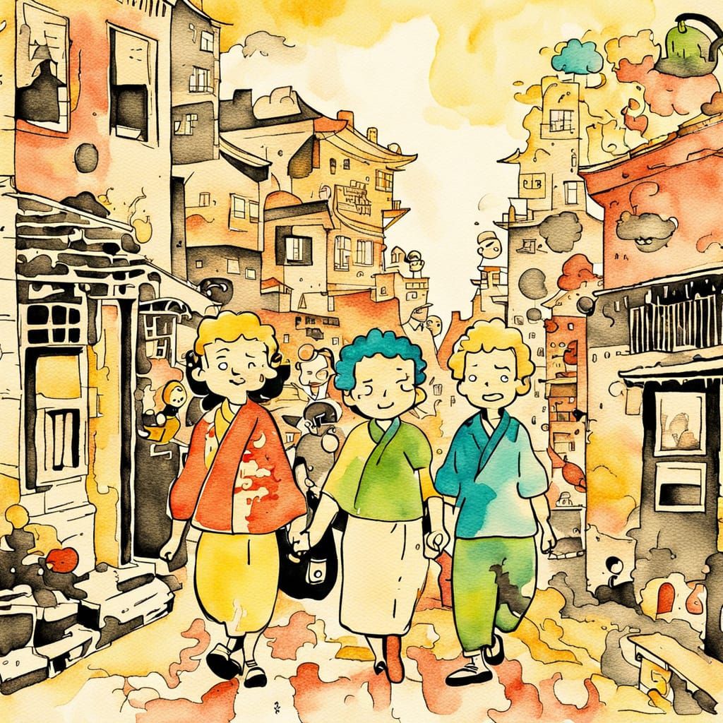 Couple Hand in Hand on 1950s Taiwan Streets in Cartoon Style