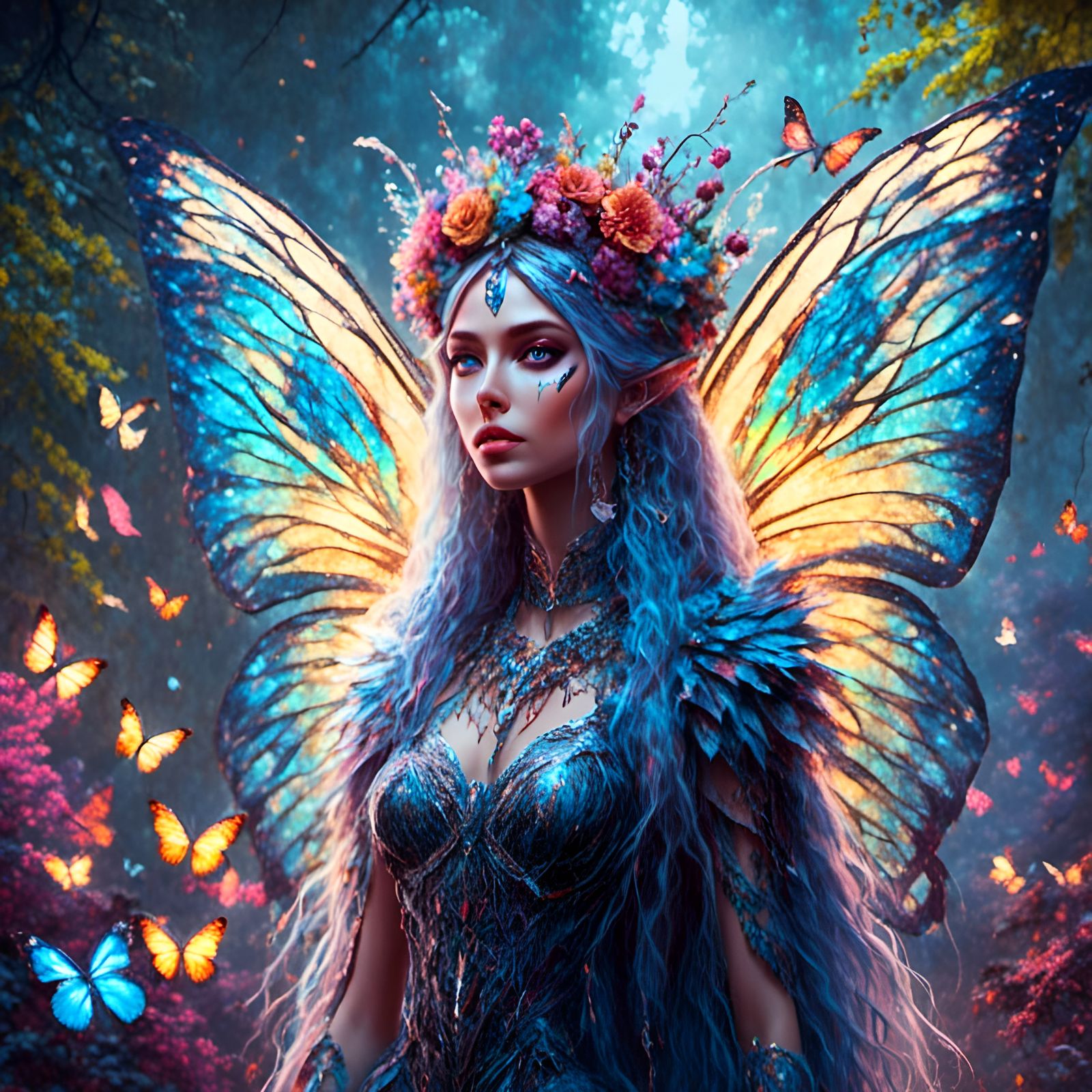 Fantasy Fairy Queen with Bioluminescent Butterfly Wings