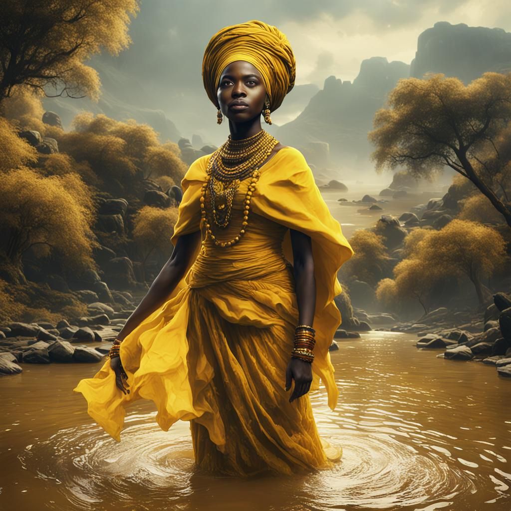 African Woman in Yellow Dress by River