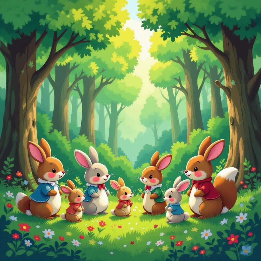Joyful Animals in Green Forest, Illustrated Style