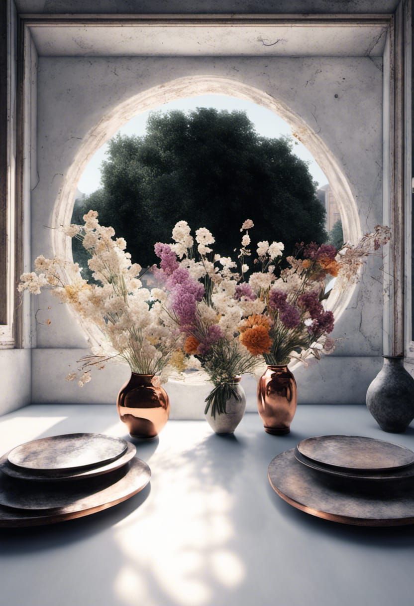 Table with Flowers: Hyperrealist Painting in Copper Bucket
