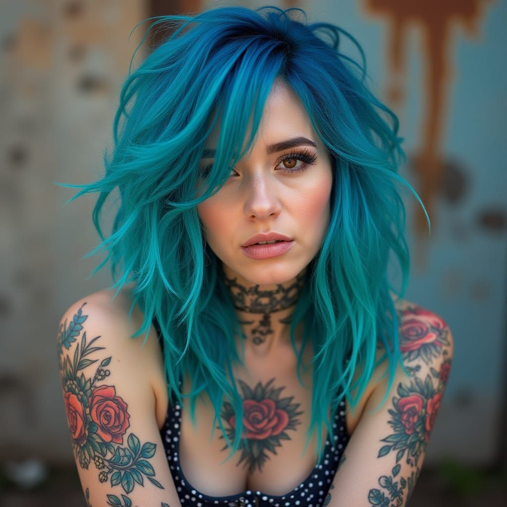 Edgy, Tattooed Woman with Bright Blue Hair