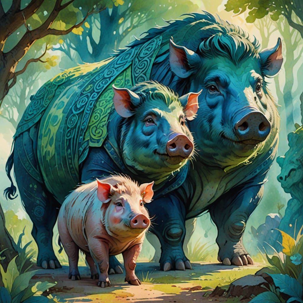 Giant and Hog Together in Watercolor Style