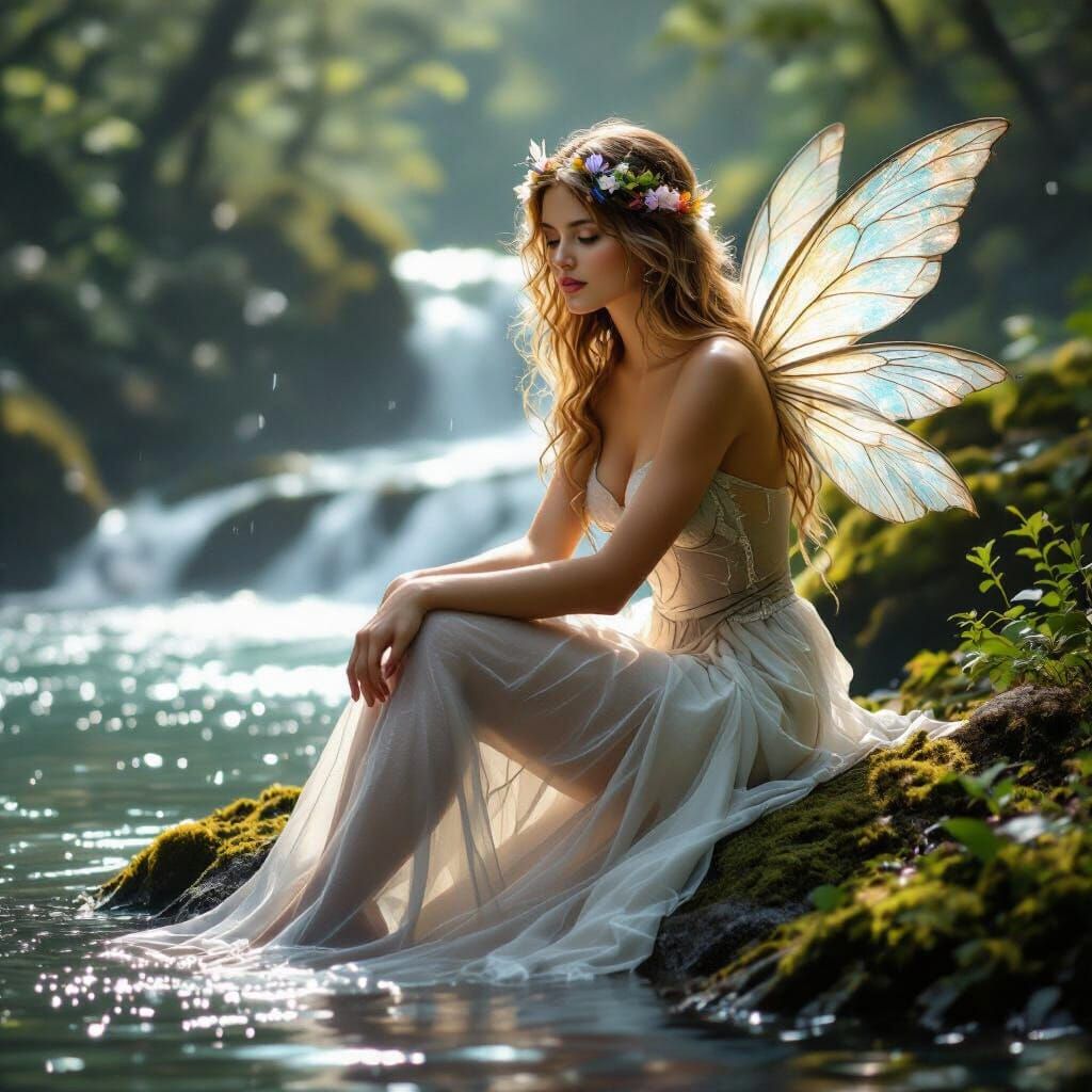 Graceful Nymph by Waterfall in Art Nouveau Style