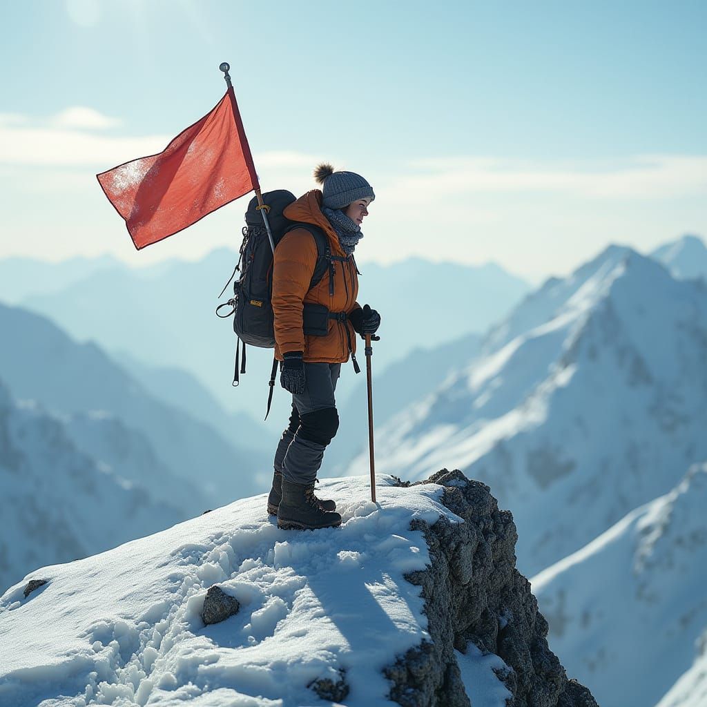 Mountaineer's Triumph: Planting Flag on Mountain Peak