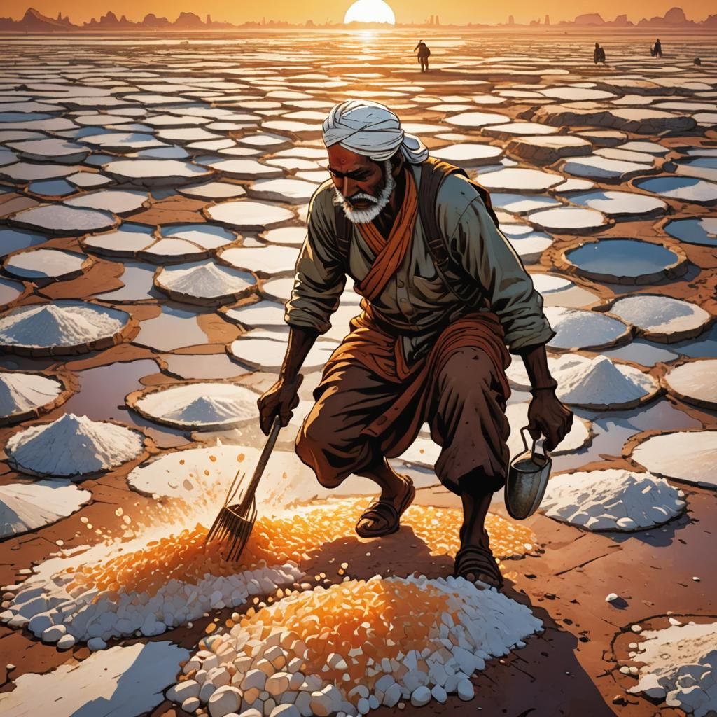 Salt Farmer Harvesting in India: Comic Book Style