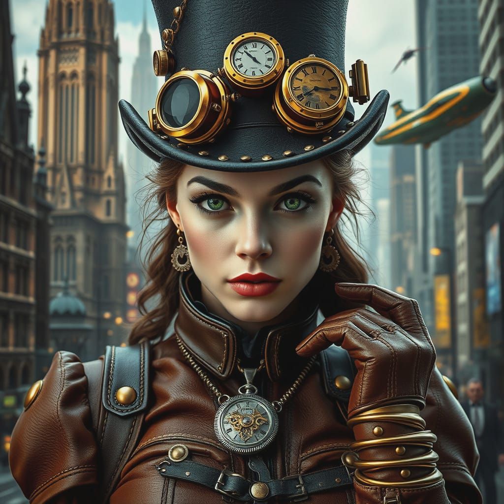 Steampunk Woman in Futuristic Metropolis