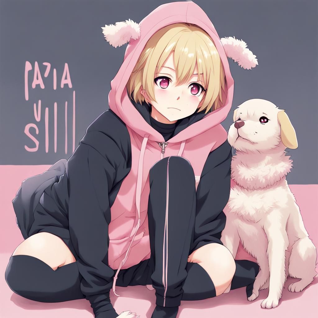 Anime Style Femboy with Dog Ears and Pink Hoodie