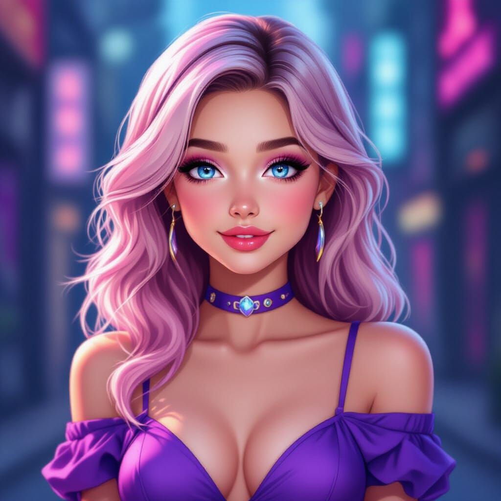 Young Woman in Purple Anime Dress at Cyberpunk Background