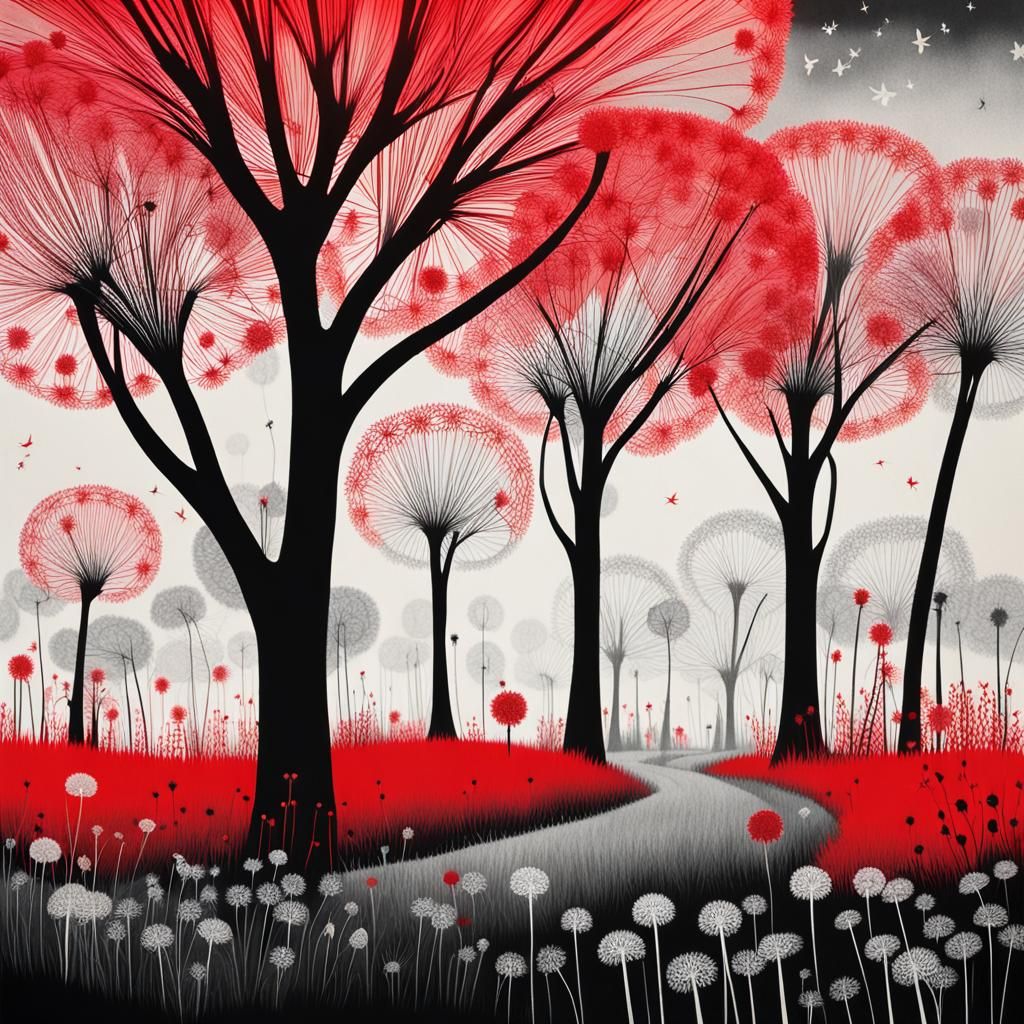 Surreal Childlike Landscape with Red Fairy, Rayograph Style