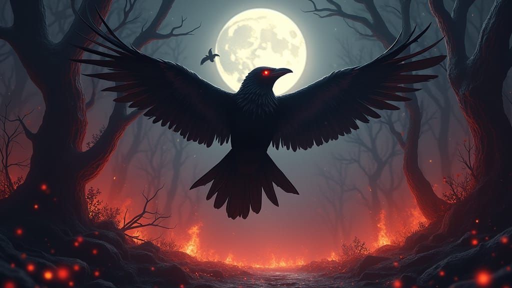 Majestic Raven Soars Through Burning Forest at Night