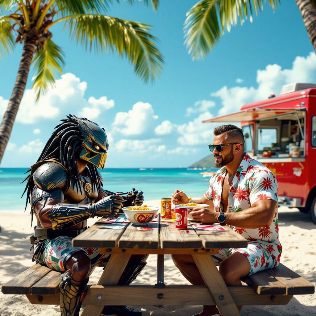 Predator and Warrior Enjoying Ramen on Beach