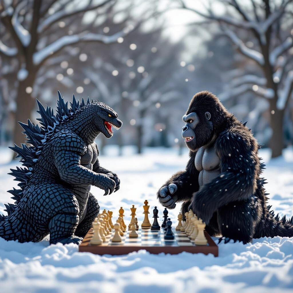 Godzilla and King Kong Play Chess in Snowy Park