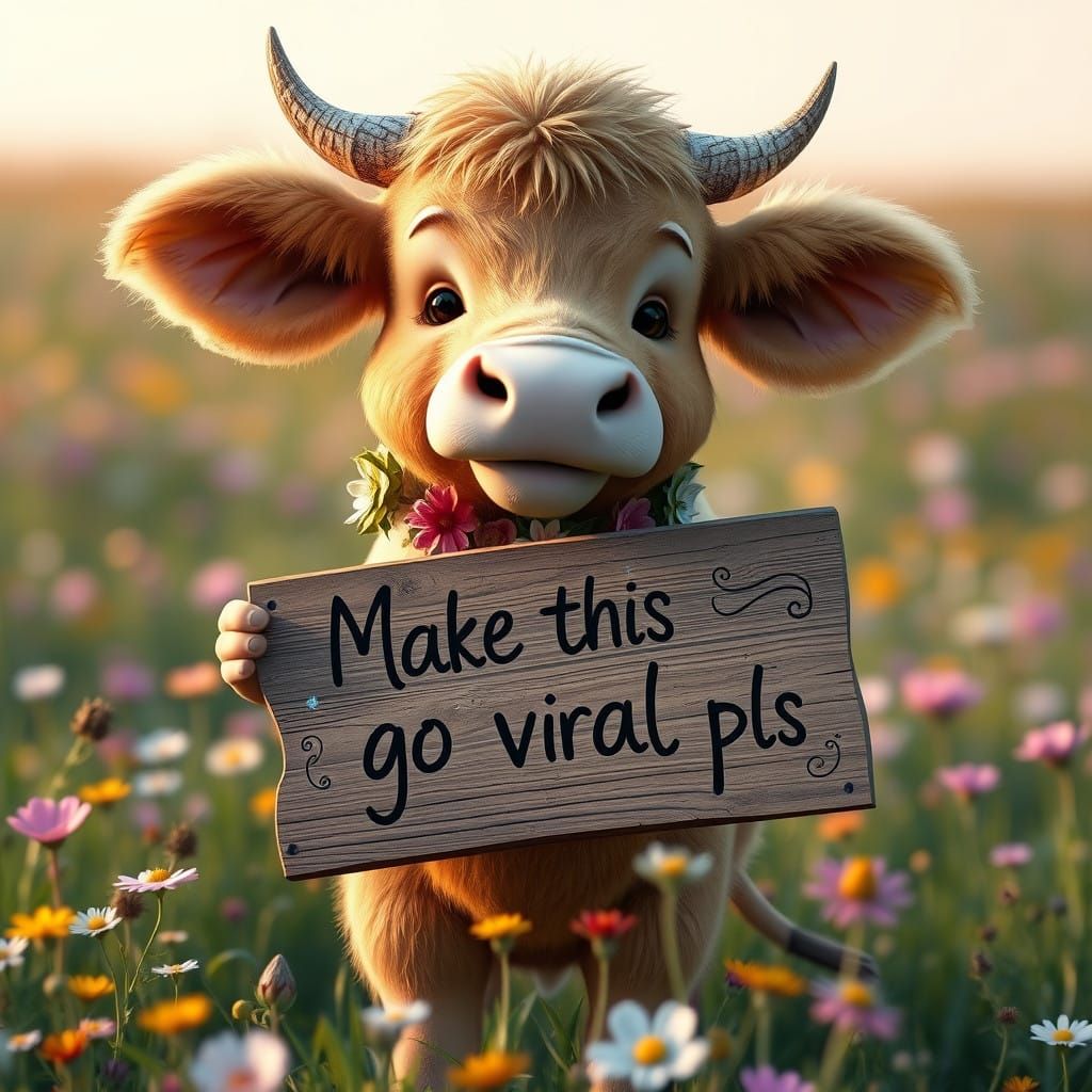 Whimsical Cow in Vibrant Meadow Seeks Viral Fame