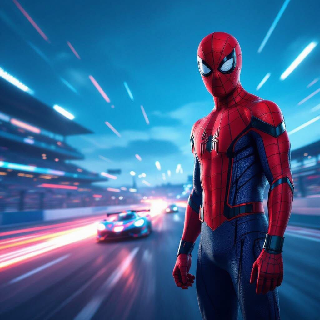 Spiderman at High-Speed Race Circuit
