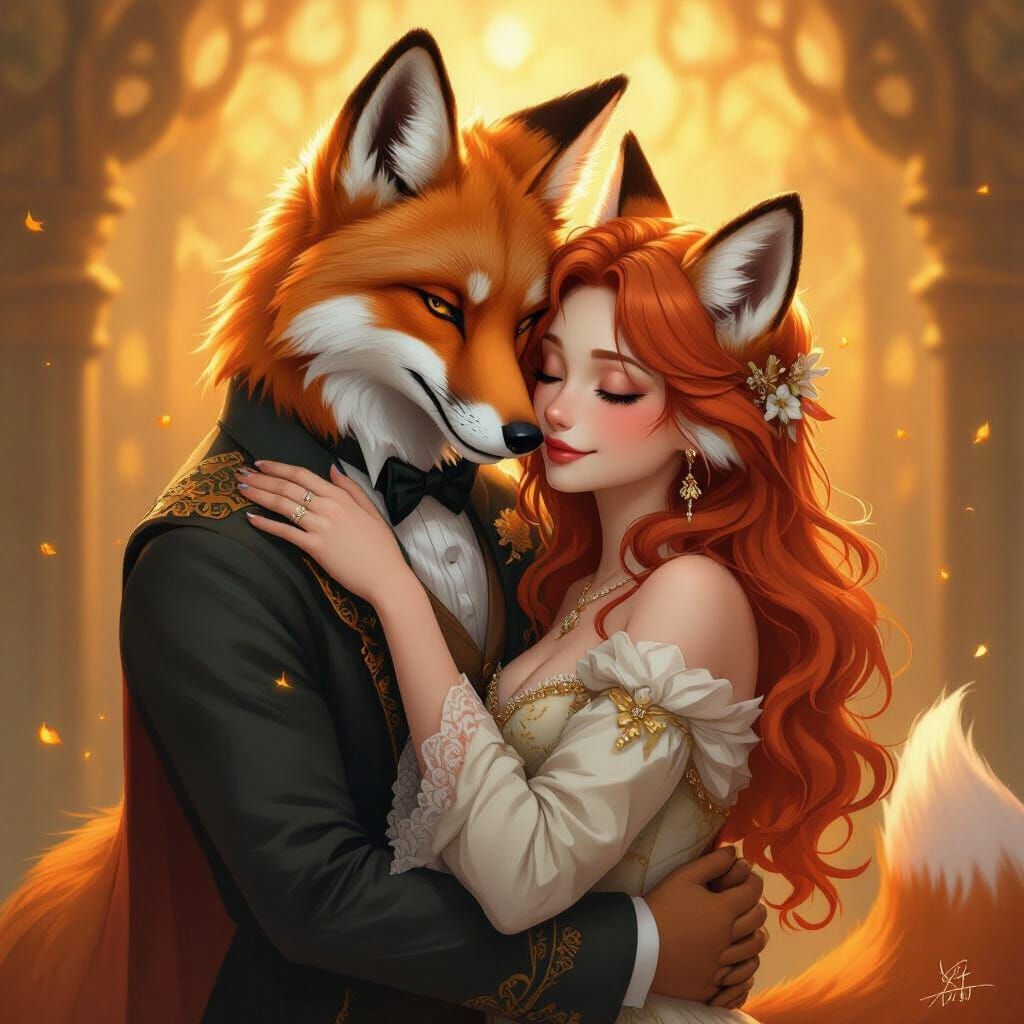 Fox Couple Embrace: Digital Painting in Kawaii Style