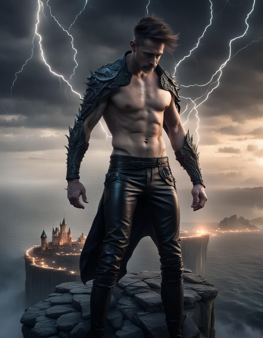 Shirtless Man on Ledge with Castle in Background