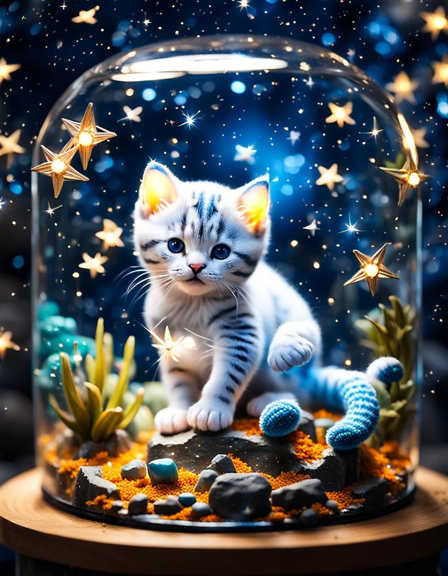 Cute Kitten Playing with Koi Fish in Terrarium