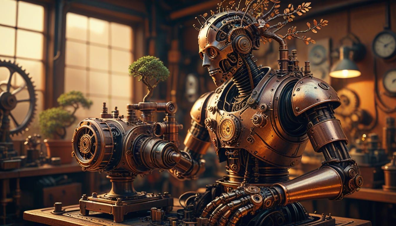 Steampunk Automaton Bonsai in Detailed Workshop